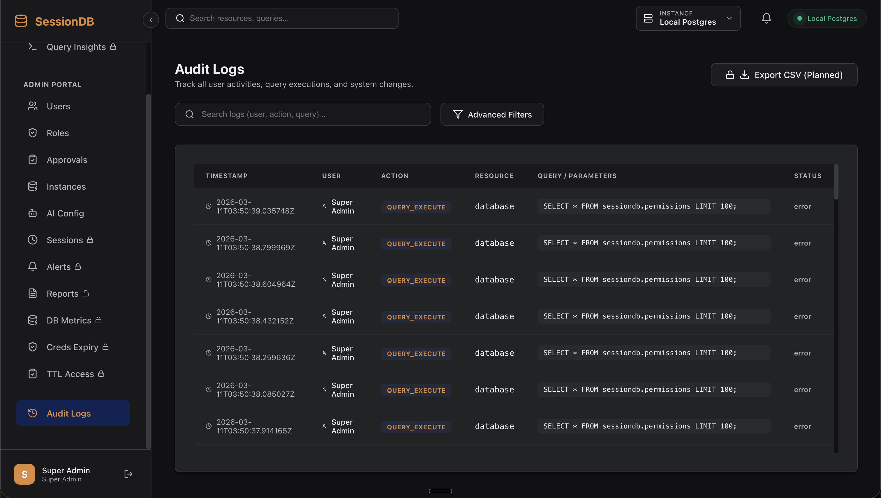 SessionDB Audit Logs tracking user activities and query executions